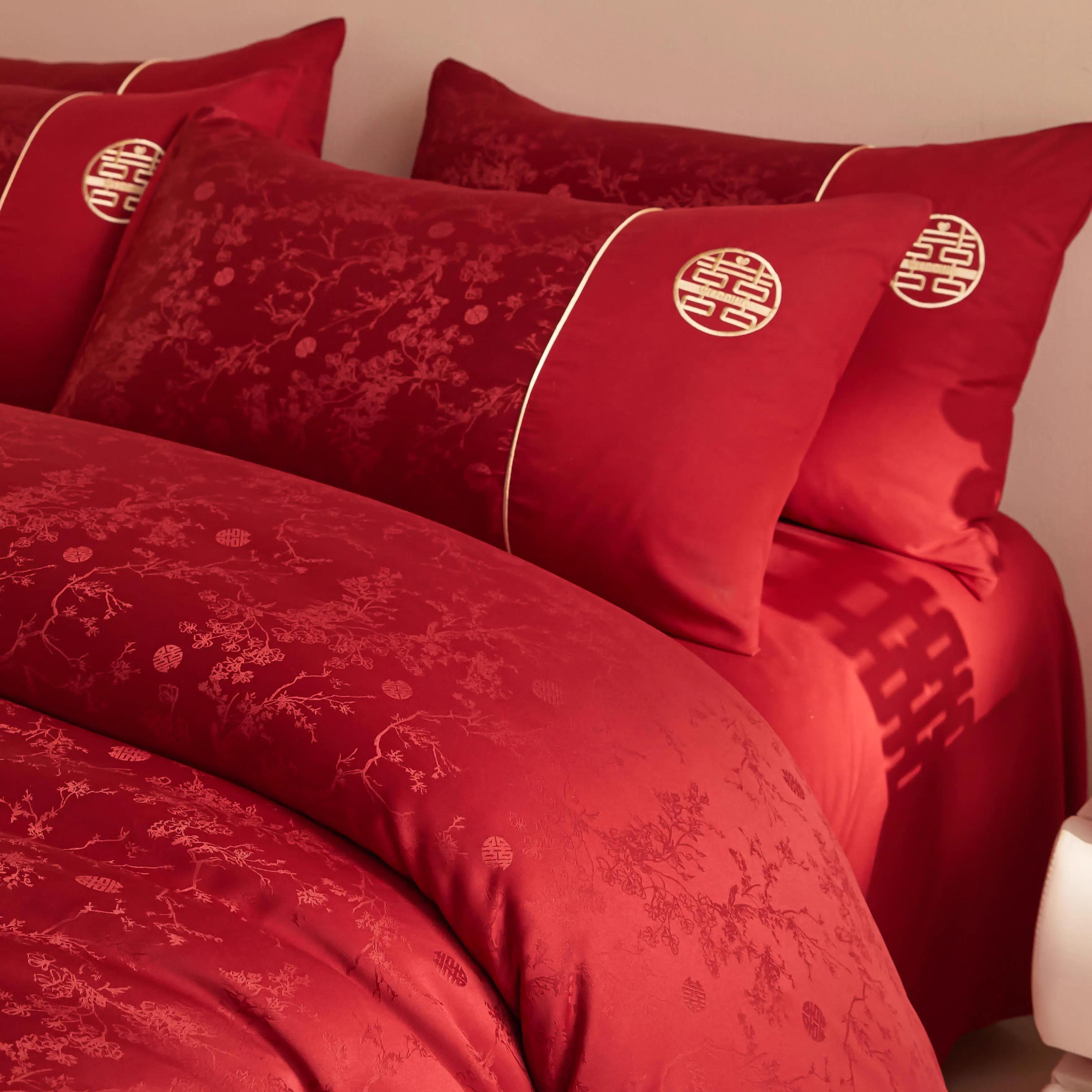 高档中式结婚四件套大红色床单被套新婚喜被婚庆床上用品婚房陪嫁