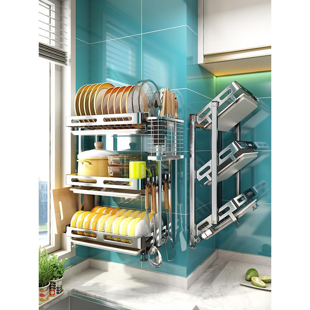 304不锈钢壁挂式晾碗架免打孔厨房置物架放碗盘折叠沥水碗碟筷架