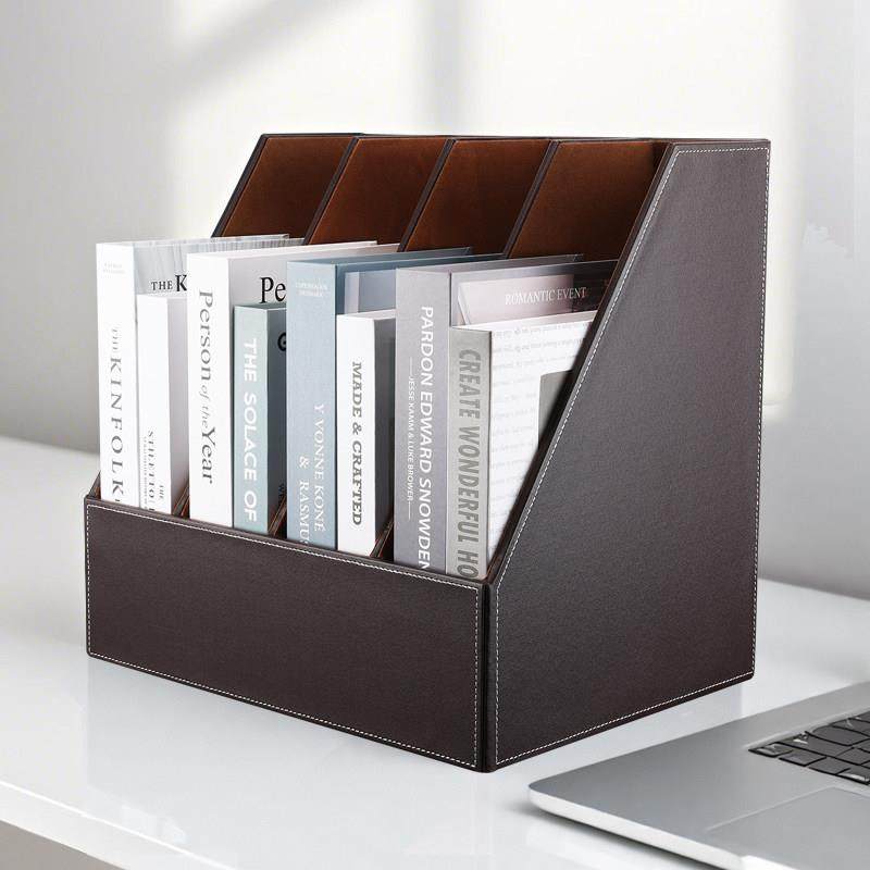 办公用品创意文件柜高档皮革文件框大容量桌面收纳四联文件座咖色