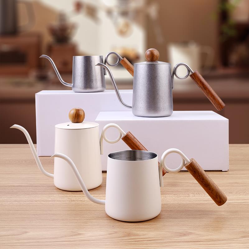 挂耳咖啡手冲壶304不锈钢胡桃木柄带盖咖啡壶长嘴细口壶定制logo