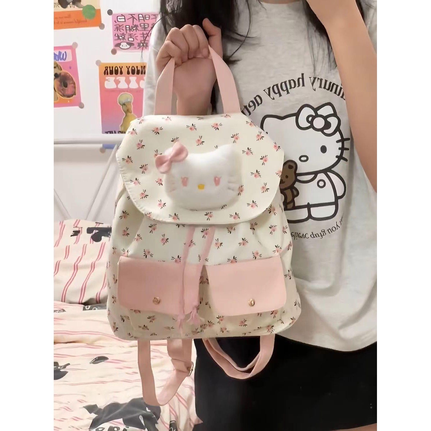 碎花帆布包高颜值可爱kt猫双肩小众上课背包大容量helloKitty书包