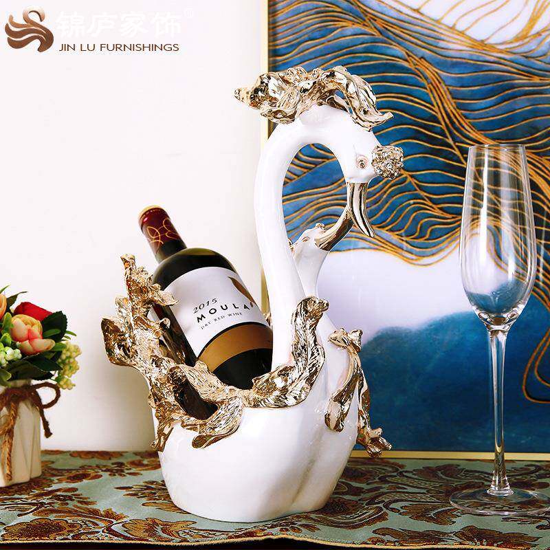 式天鹅红酒架饰品玄关装酒柜摆件工艺装品送礼欧客厅软ST674饰品
