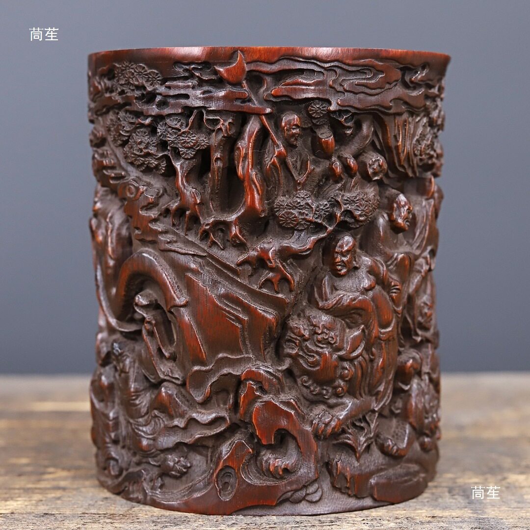 名俗老物件手工竹雕花梨木笔筒