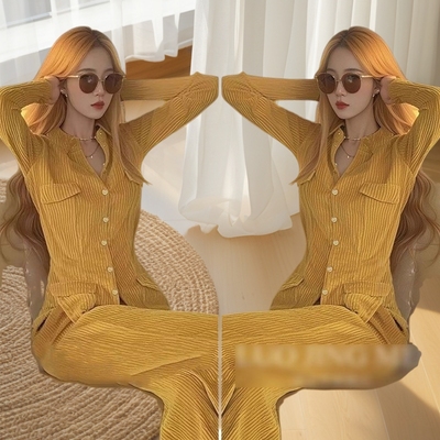 ootd穿搭韩系chic漂亮高级感时尚灯芯绒套装裤春秋新款拽姐一整套