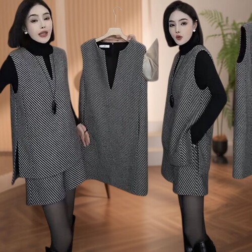 高端简约气质斜条纹休闲显瘦秋季新款时尚无袖上衣短裤显瘦套装女