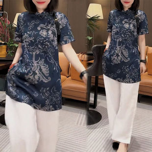 新款 夏季 盘扣中长款 短袖 显瘦 国风女装 衬衫 复古印花上衣立领新中式