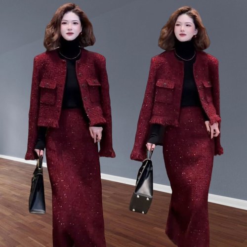 小香风套装2025秋冬季新年红色战袍圆领休闲外套气质半身裙两件套