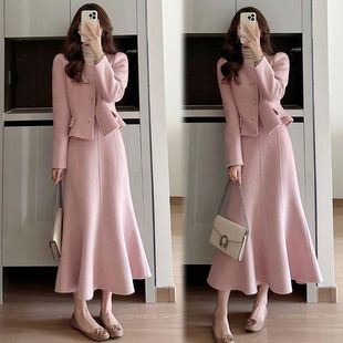 秋冬新富家千金气质高级感小洋装 小香风粉色显瘦上衣半身裙两件套