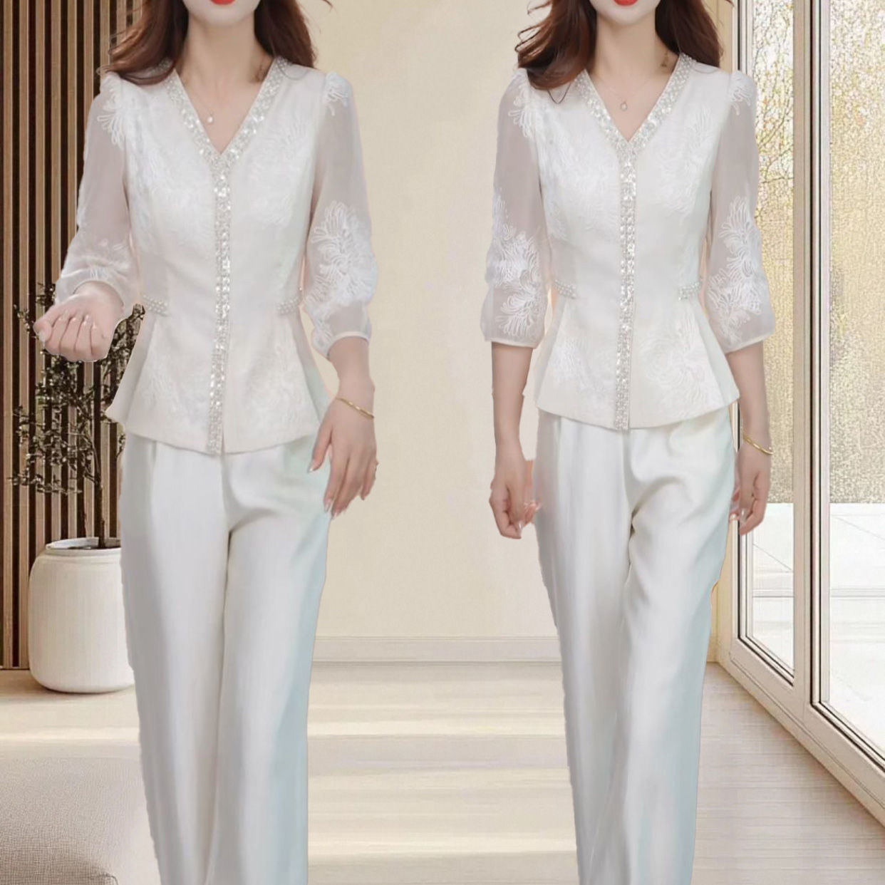 温柔时尚高档两件套女春夏新款优雅减龄遮肚显瘦上衣直筒裤套装潮