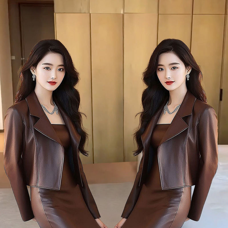 春秋一整套穿搭盐系轻熟干练气质高级感西装领皮衣外套套装裙子女