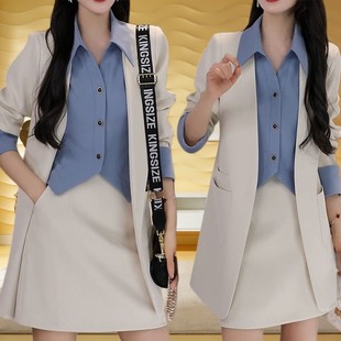 春季新款时尚套装端庄优雅通勤拼接假两件长袖西装外套+半身裙潮