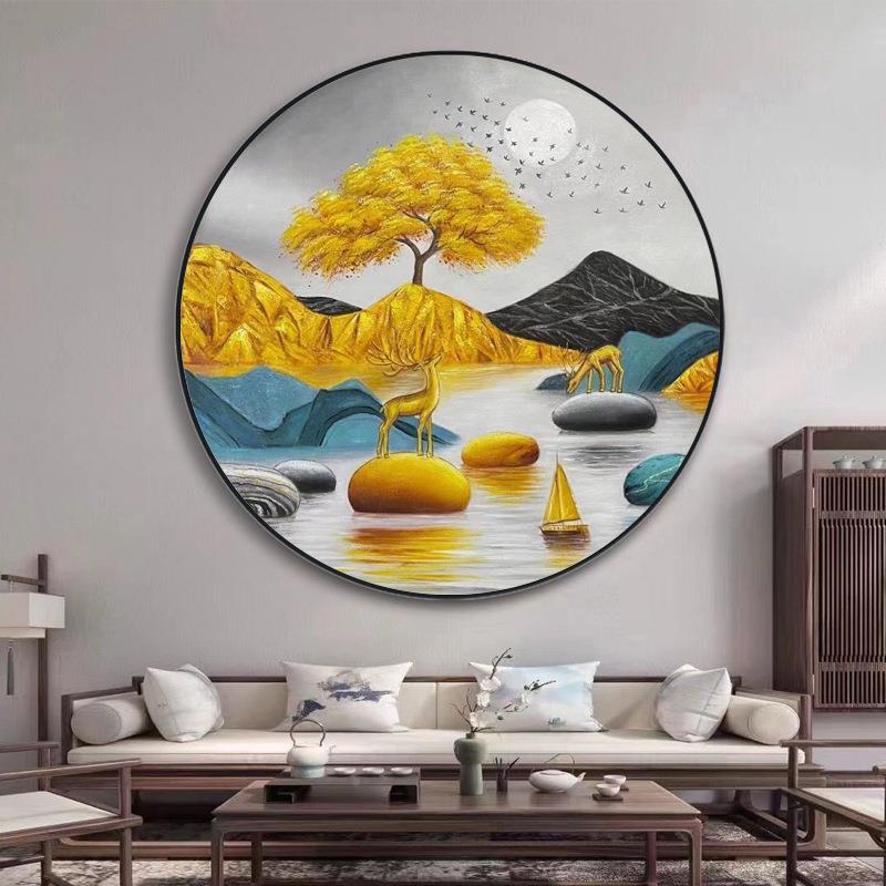 壁纯手绘油圆形麋厅鹿风景装饰画客玄关YXA画手工绘制成品画圆框图片