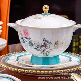 端十二盘花神DLF套新款 花鸟碗家用骨瓷奢华高碗碟景德 餐具装 中式