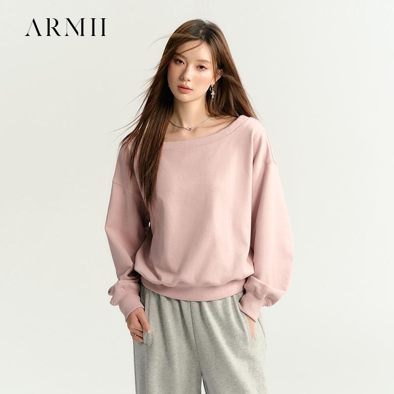 ARMII美式露肩灰色一字领斜肩卫衣女早秋季宽松套头上衣