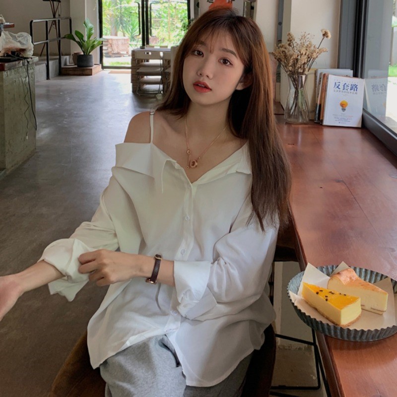 大码女装胖mm早秋韩版宽松薄款不规则小心机设计感长袖露肩女衬衫