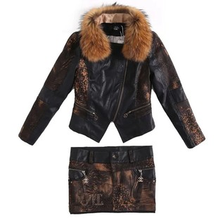 皮衣外套女秋冬加厚修身毛领皮草加棉牛仔衣夹克皮裙短裤两件套装
