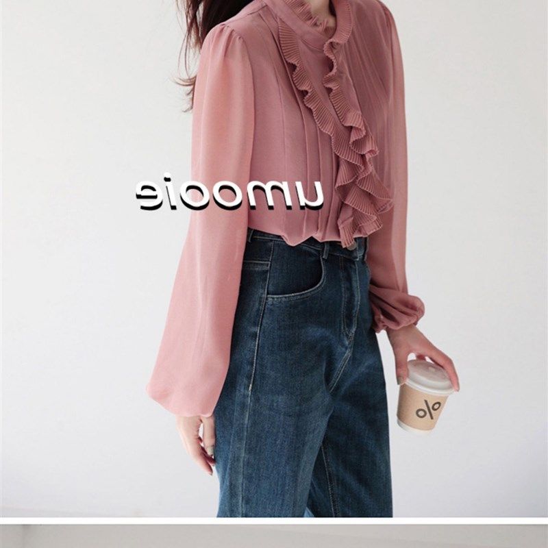 2025春季新款灯笼袖雪纺衫女荷叶边立领衬衫女长袖打底上衣高级感