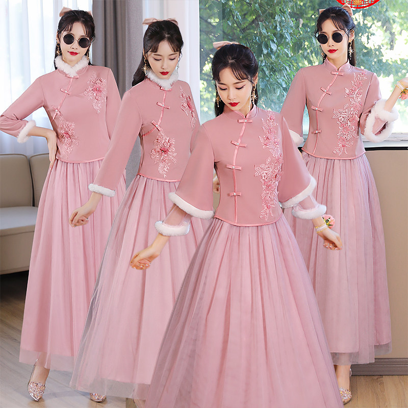 中式伴娘服2023冬季新款中国风新娘结婚伴娘团姐妹裙加绒加厚礼服