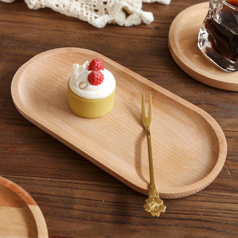 日式榉木托盘木质圆形椭圆形木碟小清新餐盘点心蛋糕碟子家用盘子