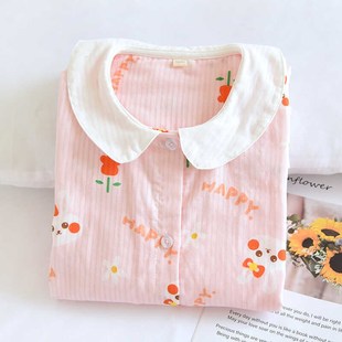 可爱花朵兔儿童夏季薄纯棉纱布女童长袖睡裙宝宝娃娃领全棉家居裙
