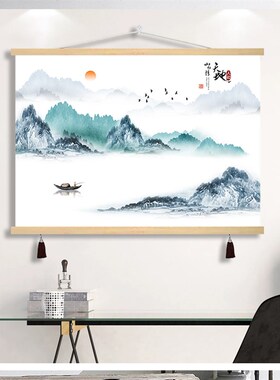 新中式山水电表箱装饰画横款免打孔客厅遮挡配电箱电闸箱布艺挂画