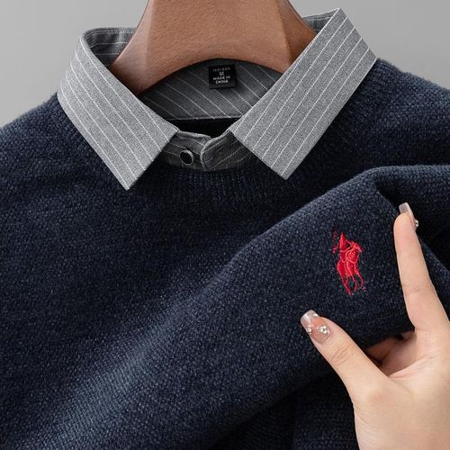 (一体绒)高端衬衫领假两件男士毛衣加绒加厚保暖套头针织打底衫