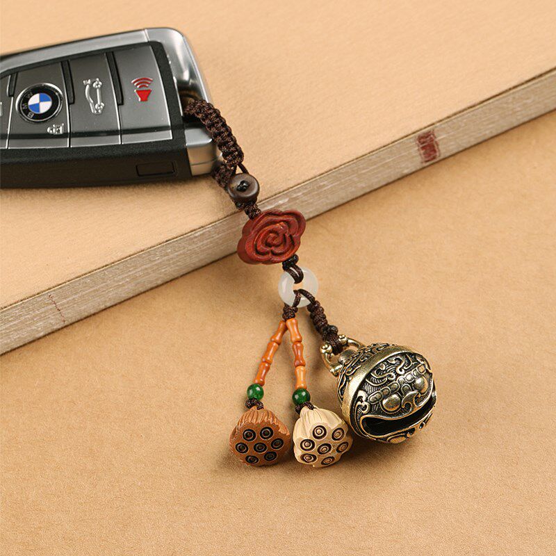 铜饕餮铃铛保平安招财吊坠黄铜汽车钥匙扣挂件桃木莲蓬钥匙链男女