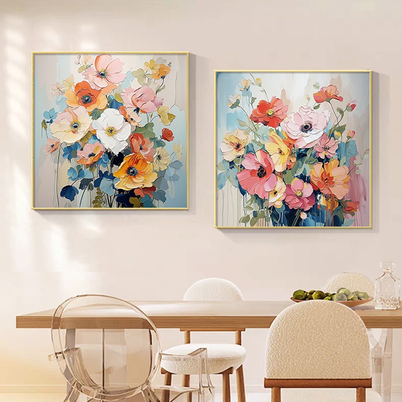 立体肌理花卉简约客厅装饰画正方形美式餐厅挂画手绘油画饭厅挂画图片