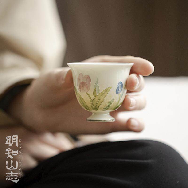 明知山志有田烧郁金香清如茶杯手绘堆料日式高足品茗杯文人茶杯