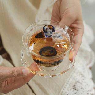 新款花语透明玻璃敬茶碗中式高颜值泡茶碗手工高硼硅玻璃三才盖碗