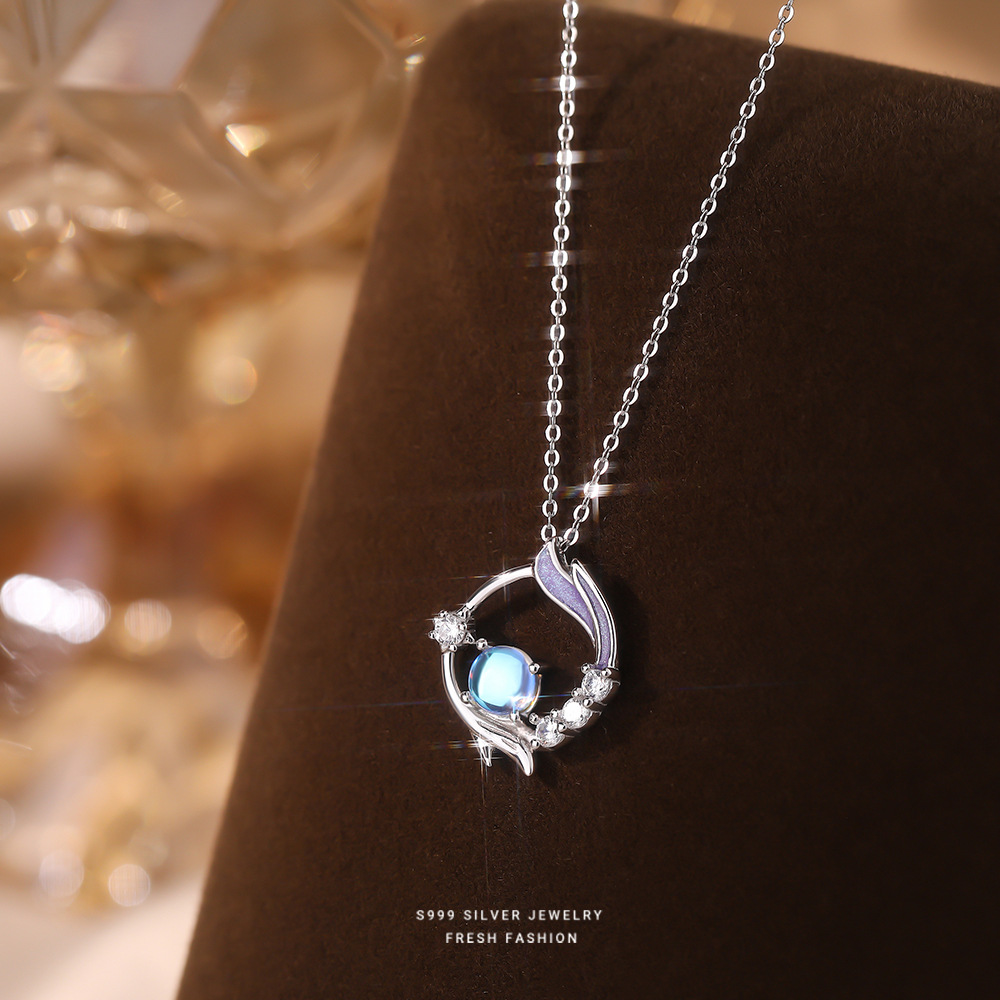 日本品质缘梦鲸S999纯银月光石鱼尾项链女小众设计感时尚气质百搭