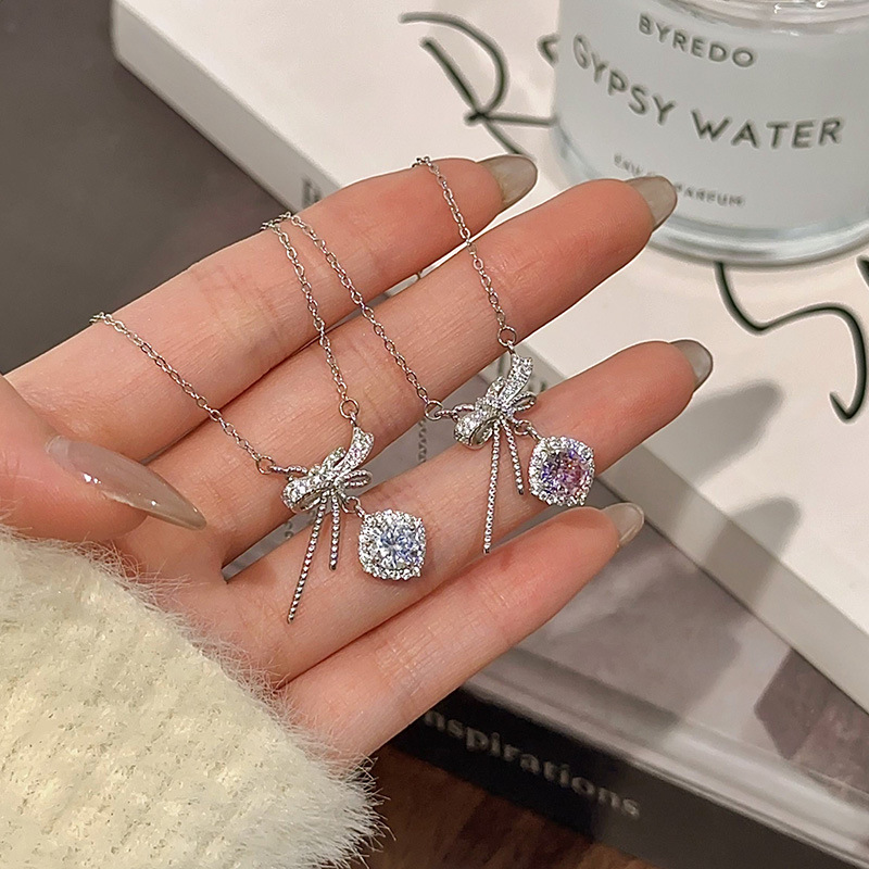 日本品质S925纯银蝴蝶结小方糖吊坠项链小众轻奢设计甜美浪漫精致