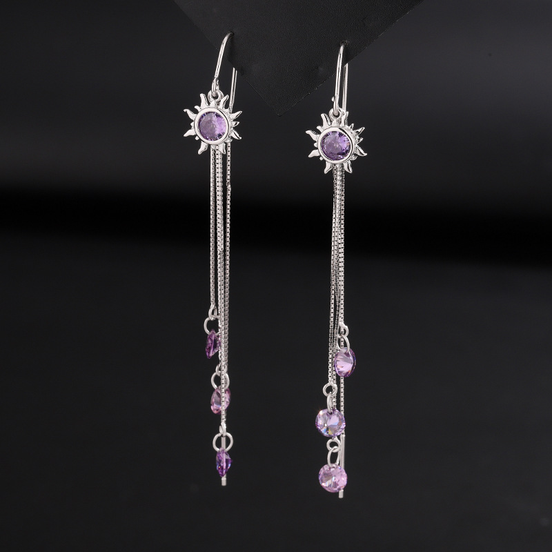 日本品质S925纯银太阳耳线女轻奢高级感紫色锆石耳环长款流苏网红
