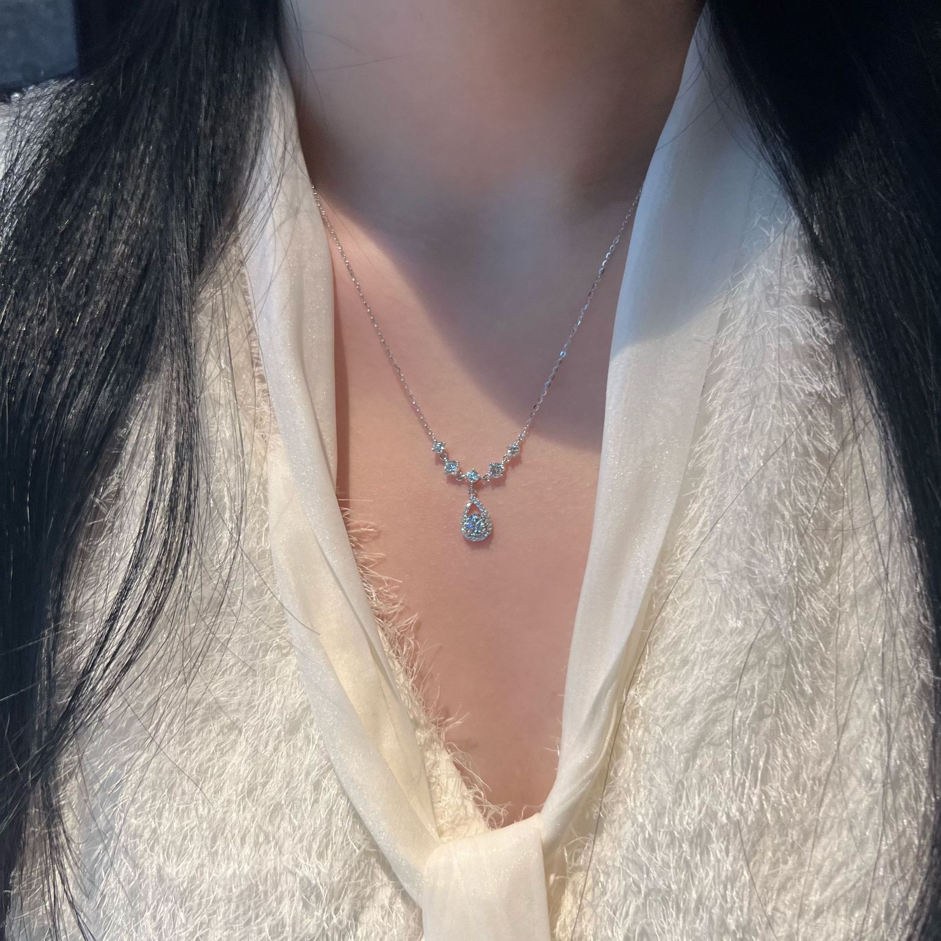 日本品质s925纯银甜美人鱼之泪水滴项链女精致高级感ins风超闪锆