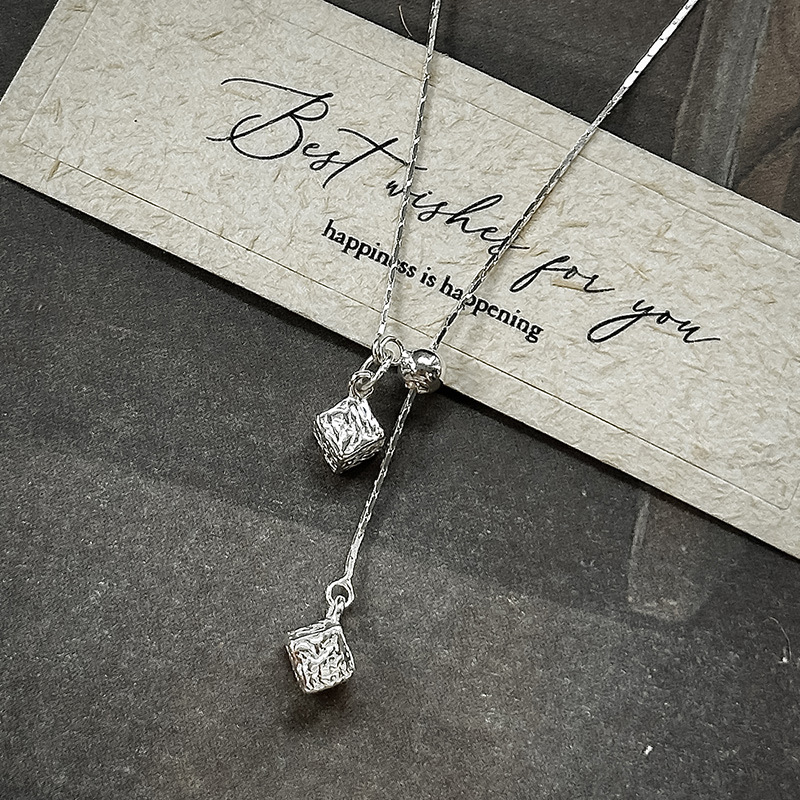 日本品质s925纯银百搭方块吊坠抽拉项链女2025新款简约小众高级颈