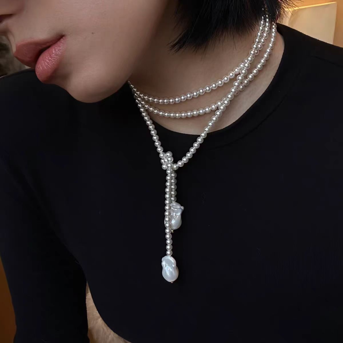 日本品质秋冬真多麻手工圆形珍珠项链高级感轻奢时尚毛衣链百搭气