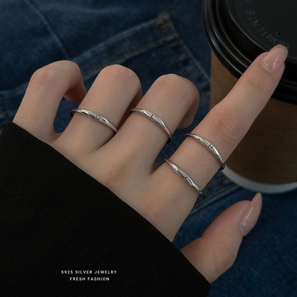 日本品质S999纯银26英文字母戒指女时尚简约小众ins风素银细圈开
