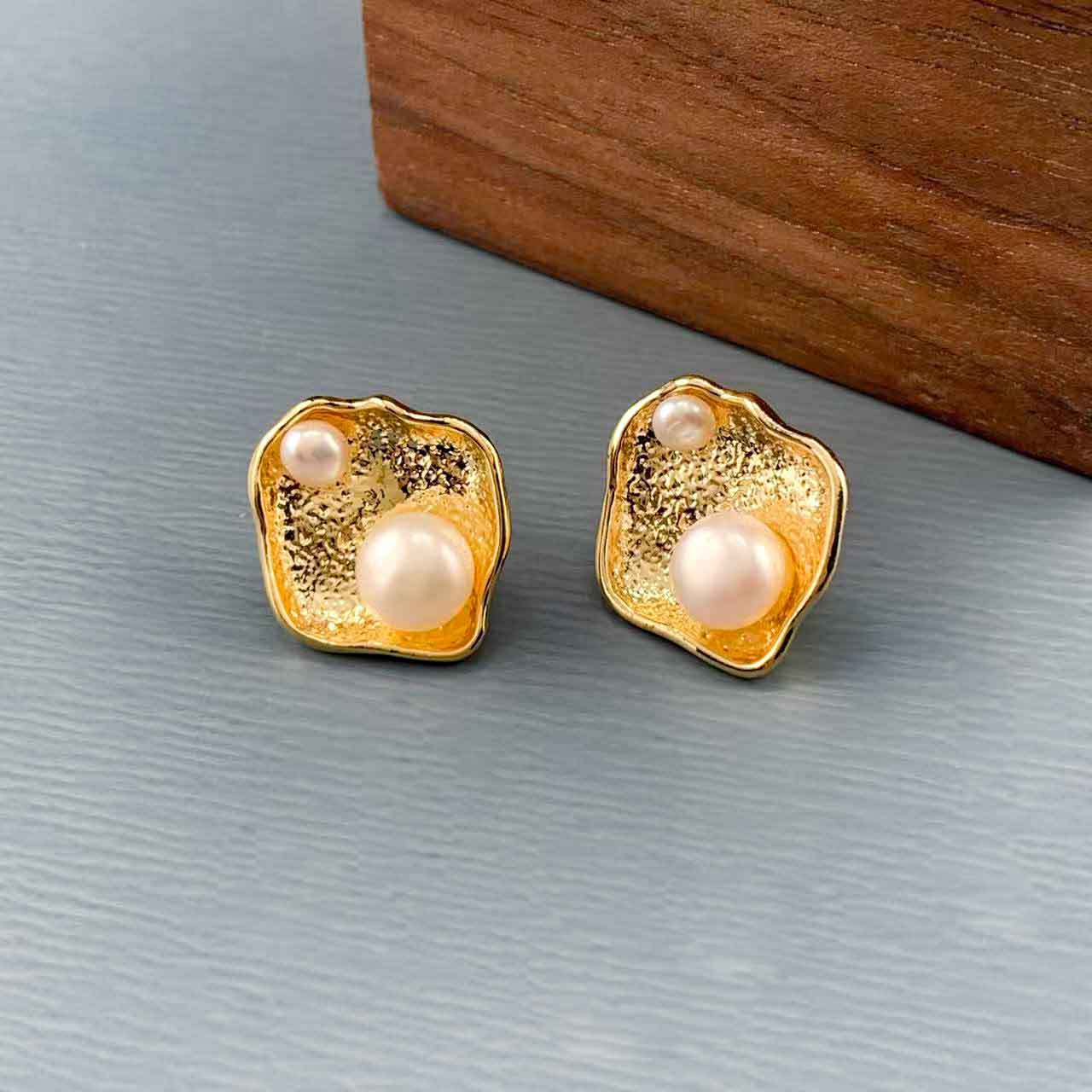 日本品质复古不规则金属淡水珍珠耳环S925银针耳钉气质优雅中古小