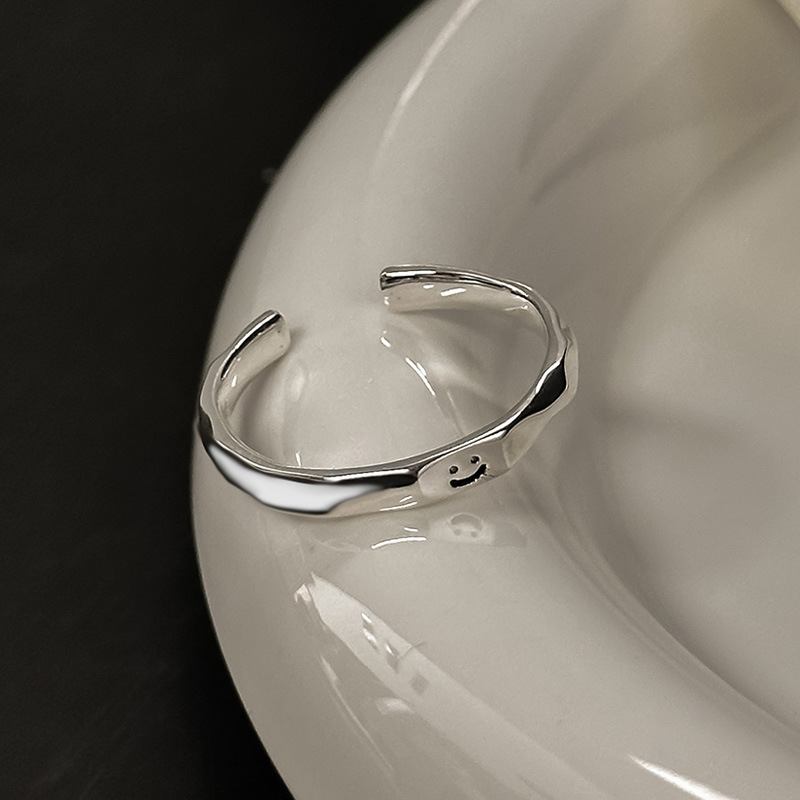 日本品质s925纯银韩国东大门ins风简约亮银饰品涂鸦笑脸戒指叠戴