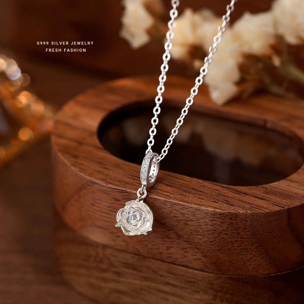 日本品质S999纯银幻彩玫瑰花项链女小众设计森系轻奢锁骨链时尚百