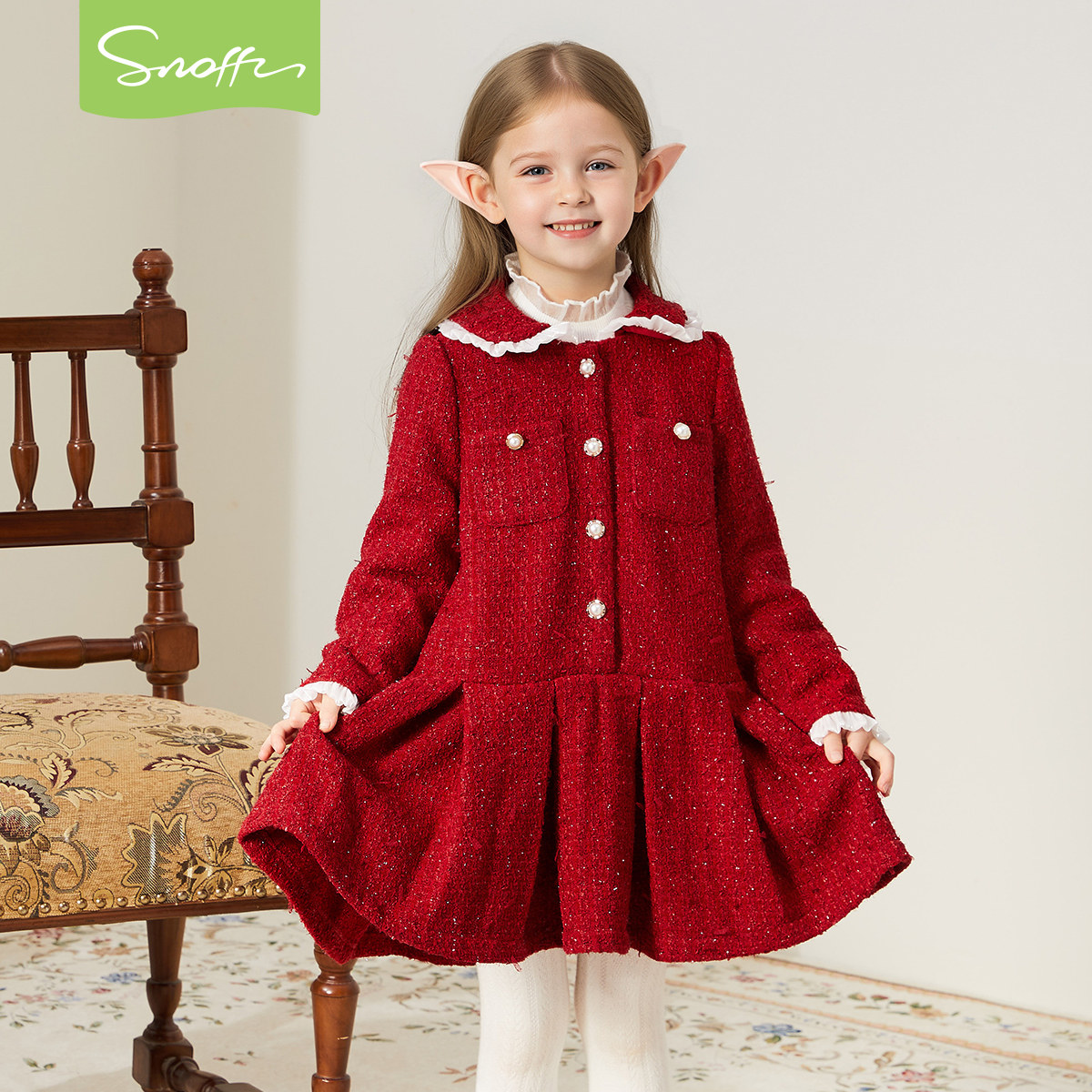 斯纳菲女童红色小香风连衣裙冬季甜美娃娃领珍珠扣公主过生日礼服,童装/婴儿装/亲子装,连衣裙,淘宝优惠券,粉丝福利购,淘宝优惠卷
