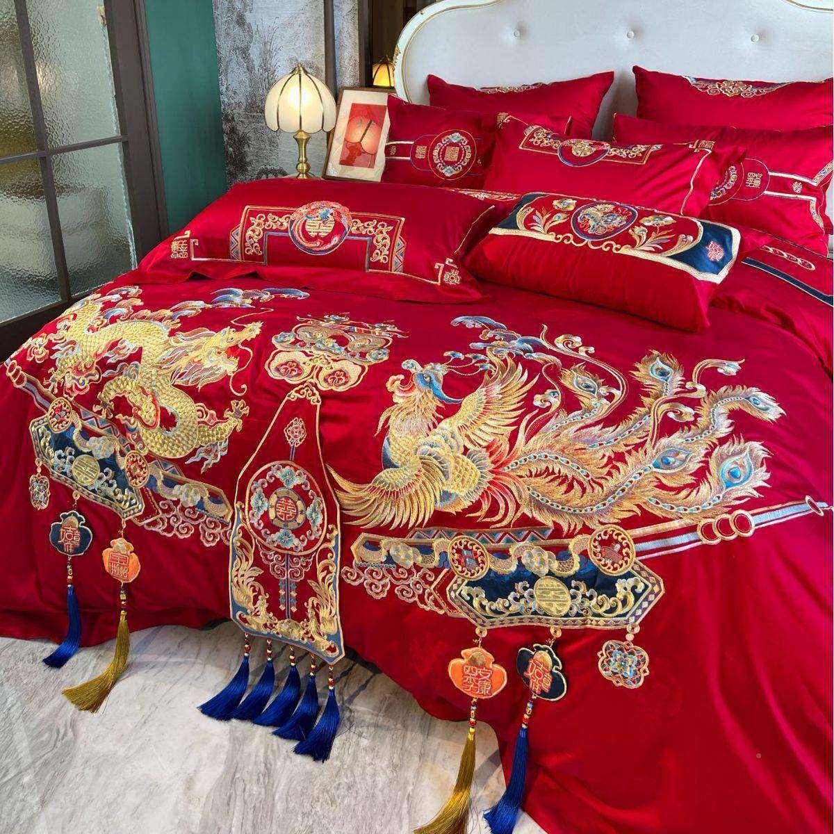 婚庆纺100长支高端绒棉龙凤红色四件套家棉大嫁红陪结婚床VFQ上用