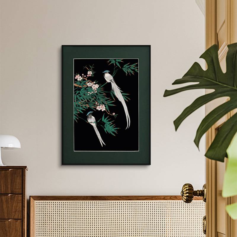 绶带鸟国风花鸟装饰画新中式挂画法式中古风客厅墙上卧室床头壁画图片