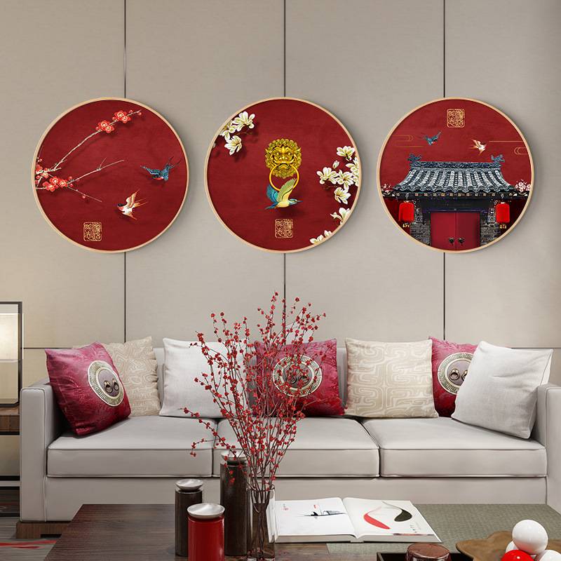 新中式装饰画实木圆形玄关画卧室中国风古典红色喜气背景客厅挂画图片