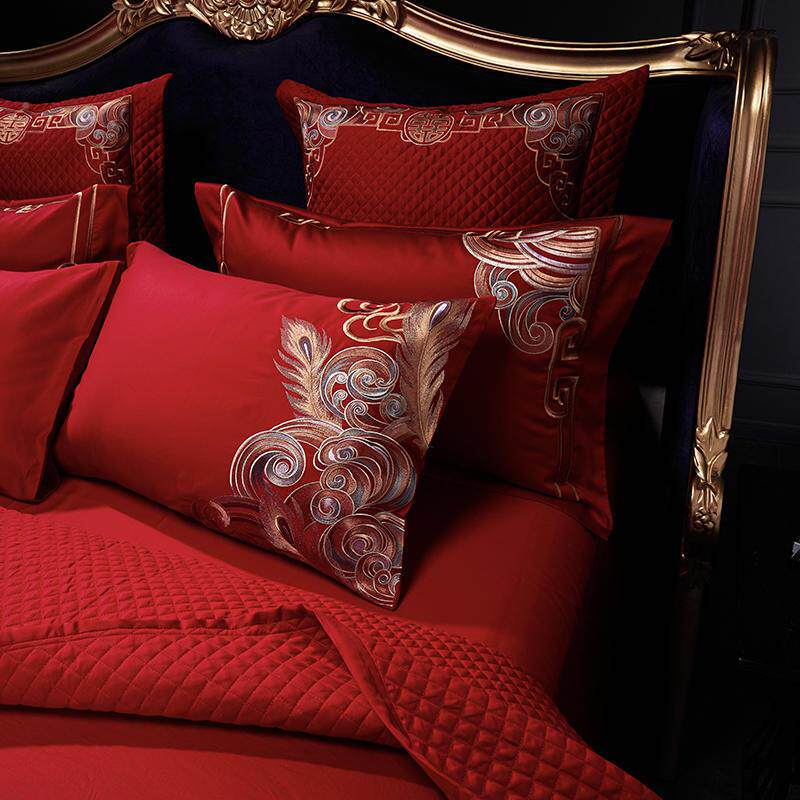 高定婚庆1HSY-999960支贡缎长棉绒刺绣四件套全上棉婚红色嫁婚庆