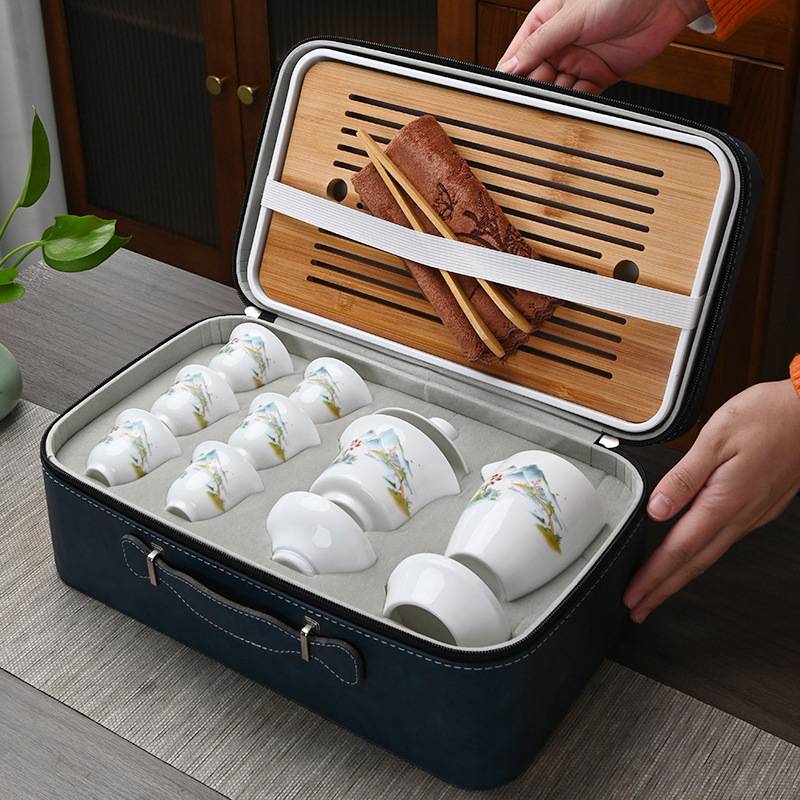 旅行茶具商务家德化用户 陶瓷功夫整套带便携高白瓷简约茶盘外