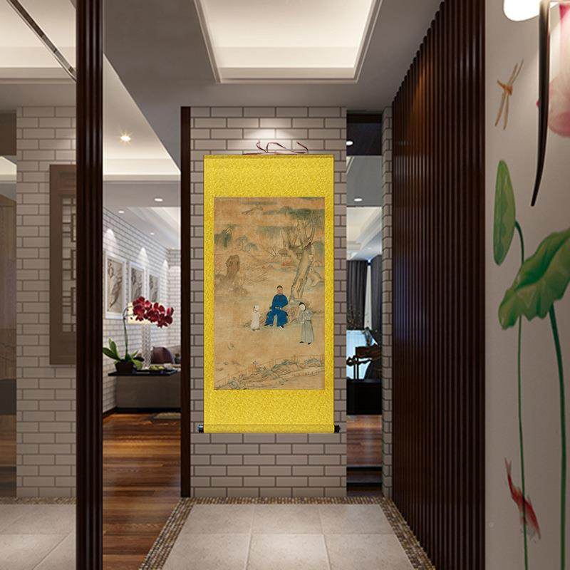 复古画画祖孙乐图丝绸行卷轴古风挂画客厅玄JY202204关走廊装饰画