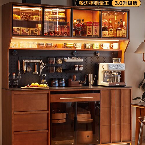 复古实木餐边柜靠墙一体储物柜法式客厅茶水柜餐桌一体中古风