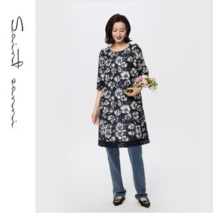 圣轩尼无领宽松A字款 优雅连衣裙女蕾丝边裙摆E297 灰花七分袖