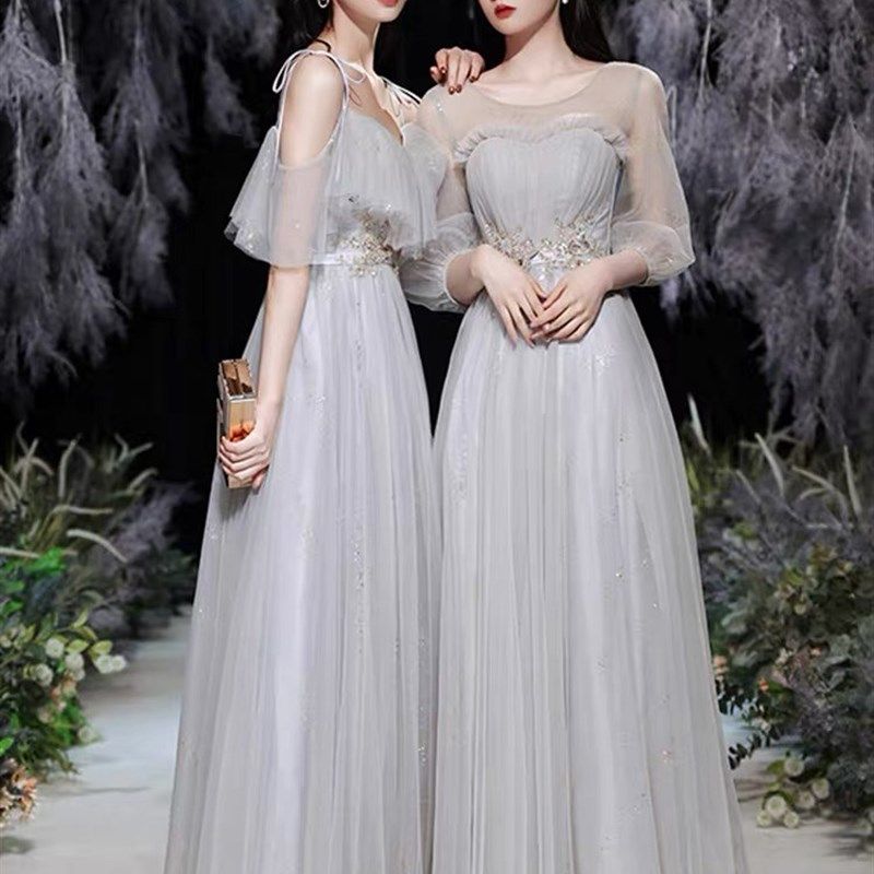 灰色伴娘服2022新款婚礼灰色姐妹团小个子晚礼服艺考裙女显瘦长款